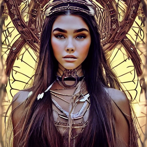 mdjrny-v4 style portrait photograph of Madison Beer as Pocahontas, young beautiful norse woman, perfect symmetrical face, transparent latex dress,, Utah landscape, ultra realistic, concept art, elegant, ((intricate)), ((highly detailed)), depth of field, ((professionally color graded)), 8k, art by artgerm and greg rutkowski and alphonse mucha
