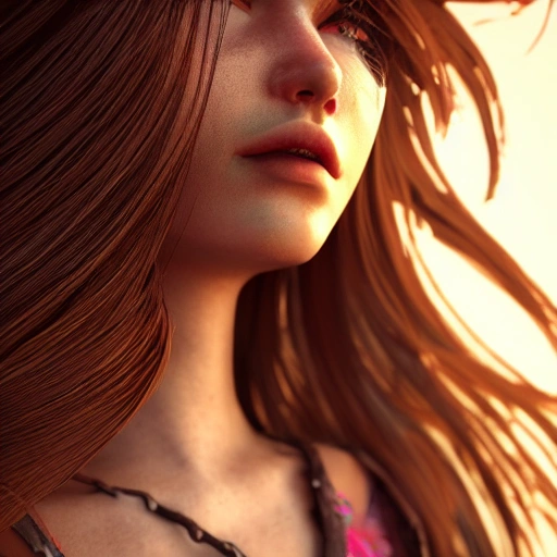 side close up portrait of 1 girl, windblown long hair, detailed face, spotlight, steampunk city, multicolored, hyperrealistic, photografic, 8k, epic ambient light, octane render