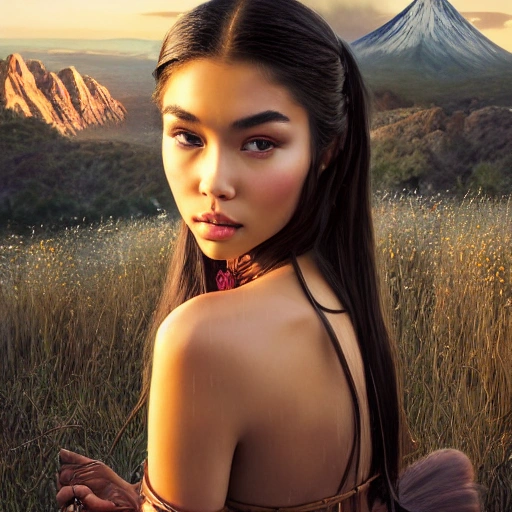 mdjrny-v4 style portrait photograph of Madison Beer as Pocahontas, young beautiful Japan woman, perfect symmetrical face, transparent latex dress,, Utah landscape, ultra realistic, concept art, elegant, ((intricate)), ((highly detailed)), depth of field, ((professionally color graded)), 8k, art by artgerm and greg rutkowski and alphonse mucha