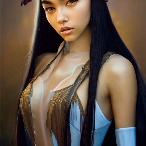 mdjrny-v4 style portrait photograph of Madison Beer as Pocahontas, young beautiful Japan woman, perfect symmetrical face, transparent latex dress,  elegant, ((intricate)), ((highly detailed)), depth of field, ((professionally color graded)), 8k, art by artgerm and greg rutkowski and alphonse mucha