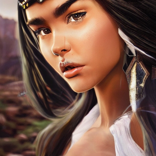 mdjrny-v4 style portrait photograph of Madison Beer as Pocahontas, young beautiful j woman, perfect symmetrical face, transparent latex dress,, Utah landscape, ultra realistic, concept art, elegant, ((intricate)), ((highly detailed)), depth of field, ((professionally color graded)), 8k, art by artgerm and greg rutkowski and alphonse muchaside close up portrait of 1 girl, windblown long hair, detailed face, spotlight, multicolored, photografic, 8k, epic ambient light, octane render