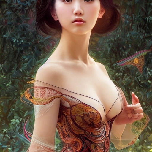 young beautiful Japan woman, perfect symmetrical face, transparent latex dress,  elegant, ((intricate)), ((highly detailed)), depth of field, ((professionally color graded)), 8k, art by artgerm and greg rutkowski and alphonse mucha