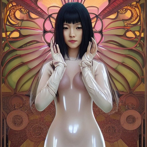 young beautiful Japan woman, perfect symmetrical face, transparent latex dress,  elegant, ((intricate)), ((highly detailed)), depth of field, ((professionally color graded)), 8k, art by artgerm and greg rutkowski and alphonse mucha