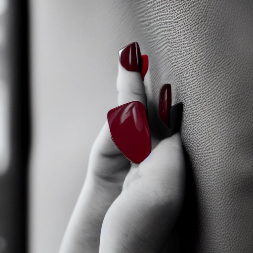  A close-up shot of a woman's hands, with dark red nail polish, frantically rummaging through a black leather bag for her glasses. The bag is slightly worn out and has a few scratches. The lighting is soft and ambient, with a slight accent light on the woman's hands. The composition is centered on the hands and bag, with a blurred background. The image is highly detailed, with a depth of field effect blurring out the background. The colors are desaturated, with a focus on black and dark red. The style is reminiscent of a fine art photograph, with an elegant and slightly surreal feel.