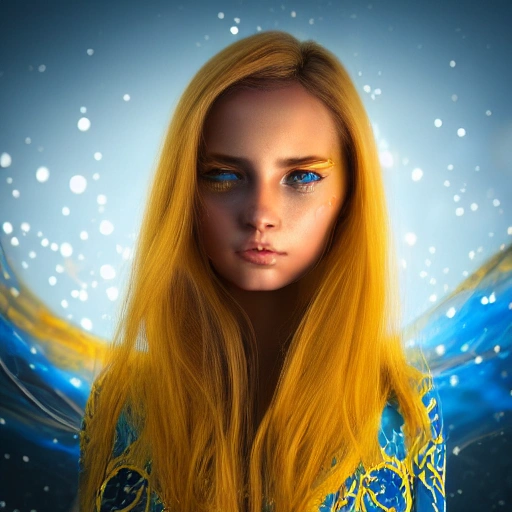 Beautiful face, detailed, close up portrait of girl, military, dressed in a long flowing dress with blue  yellow colors, vibrant high contrast, hyperrealistic, photografic, 8k, epic ambient light, octane render,, 3D