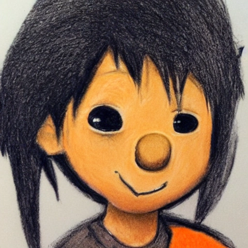 Kevin, 6 years old, thin black hair, light brown skin, dark brown eyes, likes dinosaurs and the color orange, 3D, Pencil Sketch