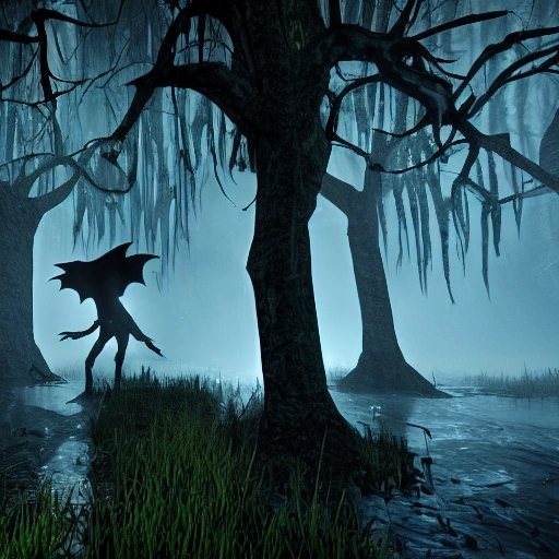 dark fantasy swamp, with batman in the starring night. dynamic light, hyperrealistic, 8k, hyperdetailed, full moonlight, unreal engine