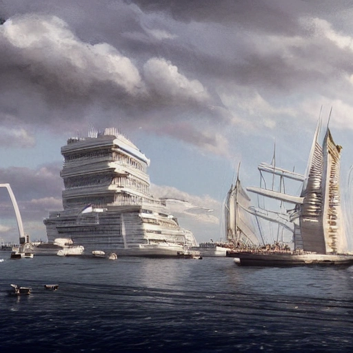 a shockingly huge white Multi-level platform building in shape of horizontal clouds on the seaside, skyscrapers of cyber city are in the background, and some Spanish galleons are on the sea in the foreground,  very beautiful detailed matte painting in the style of jean - claude mezieres, intricately colored, 16k resolution concept art, dynamic volumetric lighting, trending on Artstation., Water Color, Oil Painting