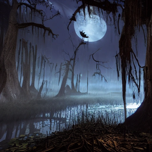 dark fantasy swamp, with batman in the starring night. dynamic light, hyperrealistic, 8k, hyperdetailed, full moonlight, unreal engine