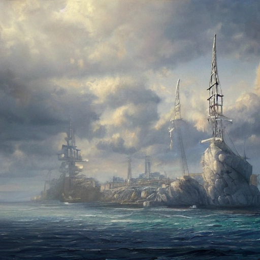 a shockingly huge white Multi-level platform building in shape of horizontal clouds on the seaside, skyscrapers of cyber city are in the background, and some Spanish galleons are on the sea in the foreground,  very beautiful detailed matte painting in the style of jean - claude mezieres, intricately colored, 16k resolution concept art, dynamic volumetric lighting, trending on Artstation., Oil Painting