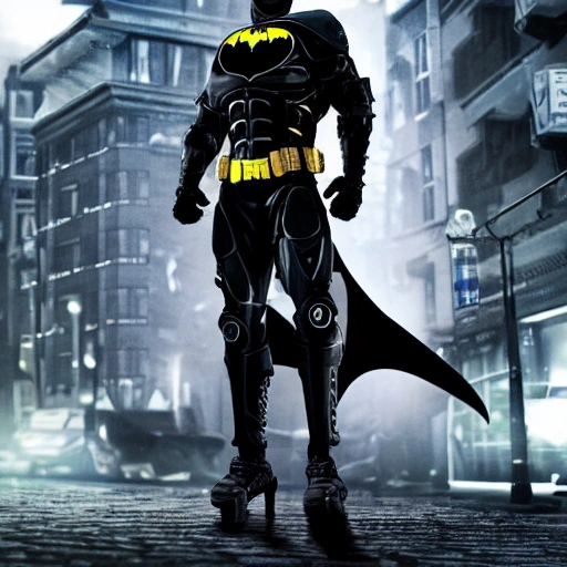 cyborg batman on darl streets, photo, realistic, detailed, 8k 