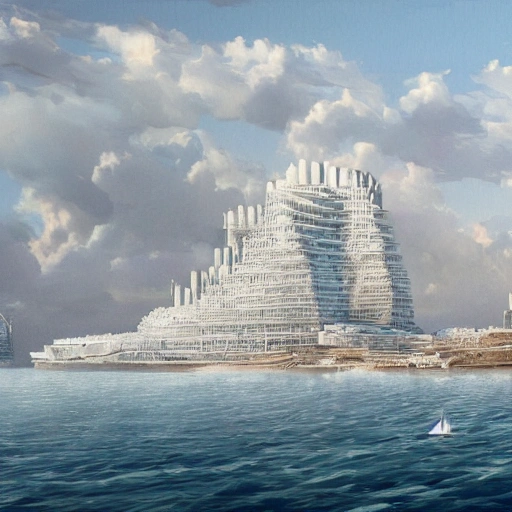 a shockingly huge white Multi-level platform building in shape of horizontal clouds on the seaside, skyscrapers of cyber city are in the background, and some Spanish galleons are on the sea in the foreground,  very beautiful detailed matte painting in the style of jean - claude mezieres, intricately colored, 16k resolution concept art, dynamic volumetric lighting, trending on Artstation, Cartoon