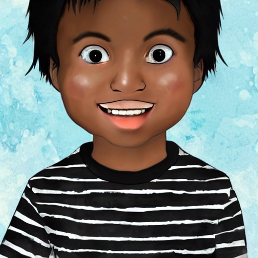 Kevin, 6 years old, thin black hair, light brown skin, dark brown eyes, 3D, Water Color