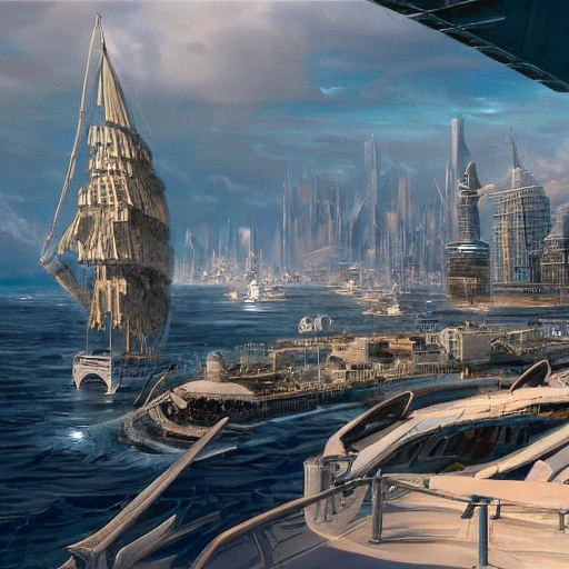 a shockingly huge white Multi-level platform building in shape of horizontal clouds on the seaside, skyscrapers of cyber city are in the background, and some Spanish galleons are on the sea in the foreground,  very beautiful detailed matte painting in the style of jean - claude mezieres, intricately colored, 16k resolution concept art, dynamic volumetric lighting, trending on Artstation, 3D