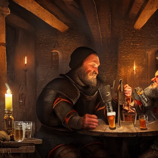 A male knight drinking beer in a medieval tavern with a dwarf, candle lights, rainy day. detailed, 8k. gothic style, dark fantasy world, low lights. hyperrealistic