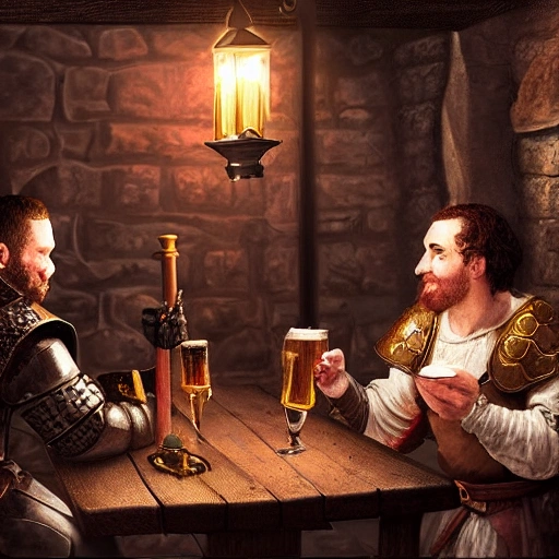 A male knight drinking beer in a medieval tavern with a dwarf, candle lights, rainy day. detailed, 8k. gothic style, dark fantasy world, low lights. hyperrealistic