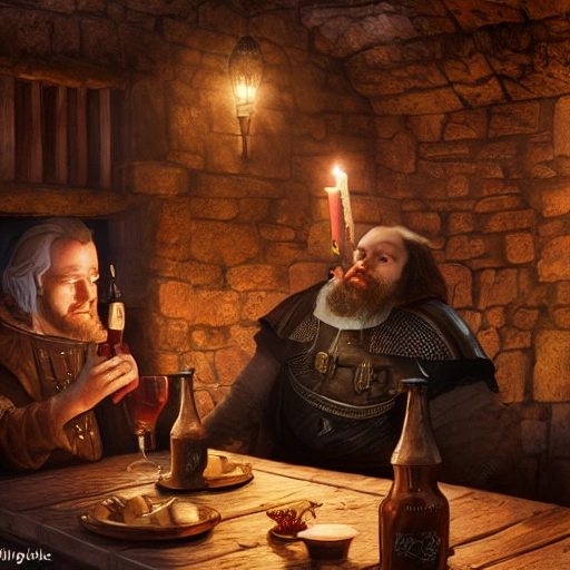 A male knight drinking beer in a medieval tavern with a dwarf, candle lights, rainy day. people in background, detailed, 8k. gothic style, dark fantasy world, low lights. hyperrealistic, Oil Painting, 3D