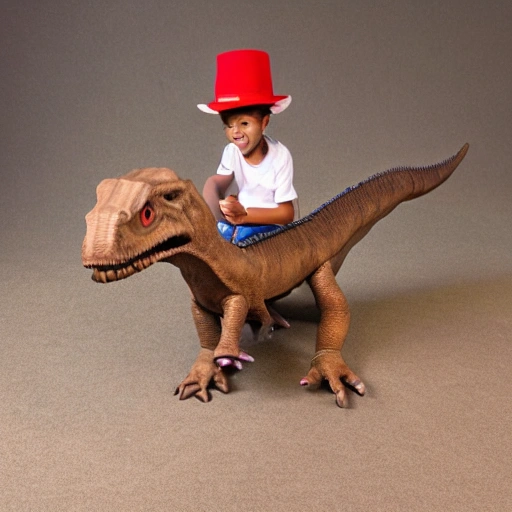 create an image of my son kevin, 6 years old, slim body, light brown skin color, short black hair, riding a rex dinosaur, color see, and have a hat, 3D, ,  Water Color