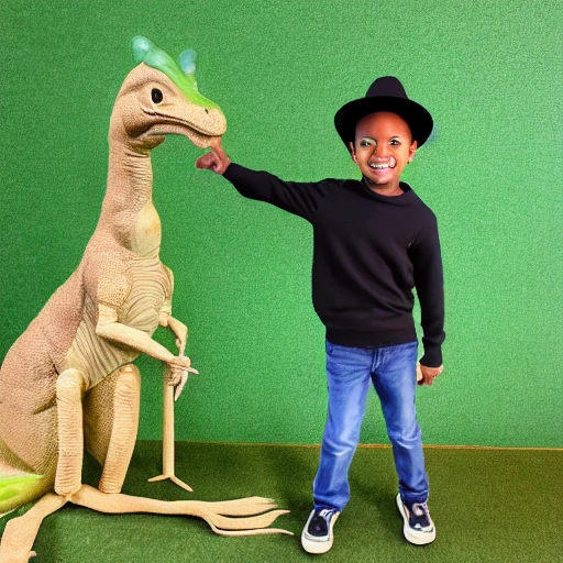 Create an image of my 6-year-old son Kevin, slim body, light brown skin color, short black hair, riding a green rex dinosaur and wearing a hat, 3D, ,  Water Color