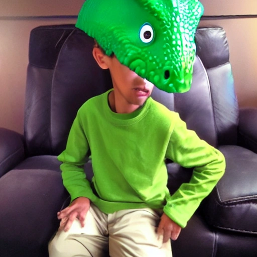 Create an image of my 6-year-old son Kevin, slim body, light brown skin color, short black hair, riding a green rex dinosaur and wearing a hat, 3D, , , 3D
