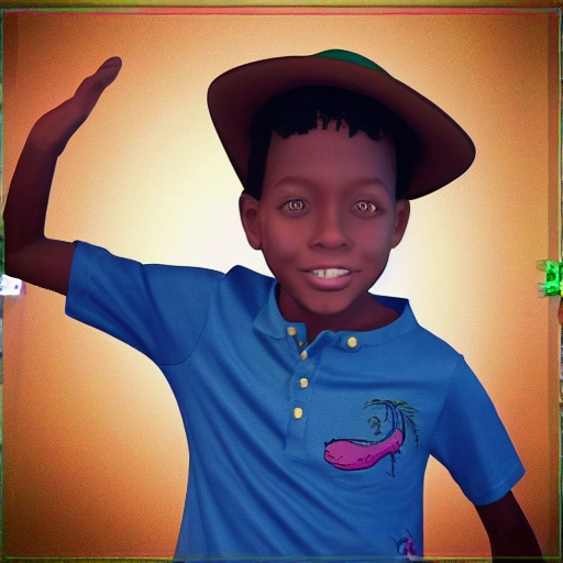 Create an image of my 6-year-old son Kevin, slim body, light brown skin color, short black hair, riding a green rex dinosaur and wearing a hat, 3D, , 3D