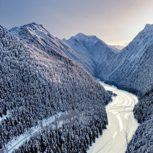 A majestic mountain range with snow-capped peaks and a winding river running through the valley below.