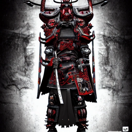 Samouri Demon /// ANYTHING MIDJOURNEY V4 style, intricate, symmetrical face front view, full body view, dark fantasy, Cyberpunk 2077, hyperrealistic render details, ultra detailed Samurai demon with oni mask, Ni-Oh, feudal japan, high contrast, 8k photographic style, matte painting, octane render, ambiant light, blured background, HD