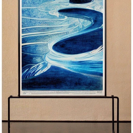 The poster features a luxurious deep blue background that exudes a sense of refinement and elegance. The centerpiece of the poster is a flowing water feature that runs through the center, drawing the viewer's attention to its graceful movement. The water is depicted in a way that conveys a natural flow-like feeling, as if the viewer is standing by a serene riverbank. The entire poster is designed with a high-end aesthetic in mind, making it a beautiful and captivating piece of artwork., 3D