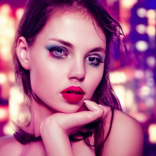 Beautiful face, detailed, sexy, close up portrait of girl, provocative glance, neon lights, photography, aesthetic, urban, central europe, blurred background, sharp focus, professional studio llghting, in background, penthouse environment, stunning background with their home.