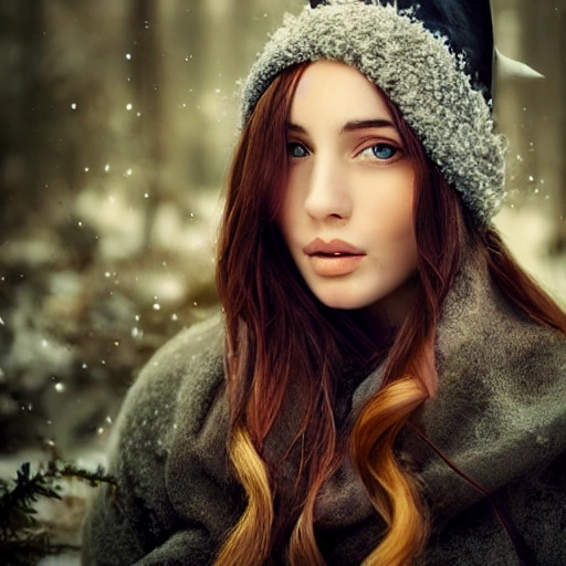 professional portrait photograph of a gorgeous witch girl in winter clothing with long wavy brunette hair, gorgeous symmetrical face, cute natural makeup, wearing elegant warm winter fashion clothing, stunning forest environment, ultra realistic, concept art, elegant, highly detailed, intricate, sharp focus, depth of field, medium shot, mid shot, bright soft diffused light, trending on instagram, hdr 4k, 8k, Oil Painting