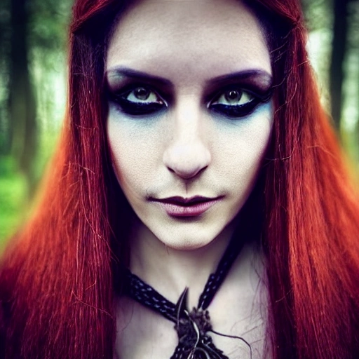 professional portrait photograph of a gorgeous witch girl in witcher clothing with long wavy brunette hair, red reyes, gorgeous symmetrical face, cute natural makeup, wearing elegant witcher clothing, stunning forest environment, ultra realistic, concept art, elegant, highly detailed, intricate, sharp focus, depth of field, medium shot, mid shot, bright soft diffused light, trending on instagram, hdr 4k, 8k