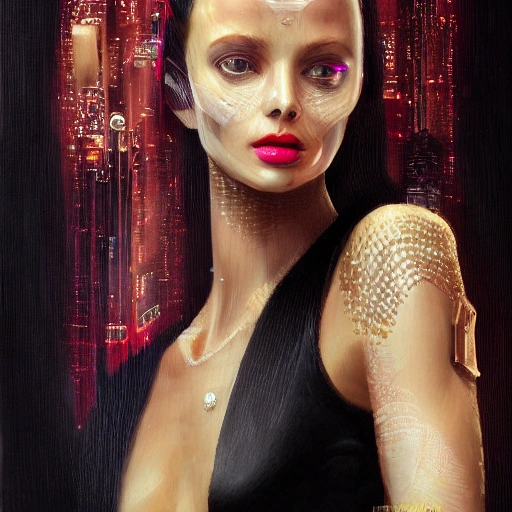 Facial portrait of a gorgeous cyberpunk girl, looking away from the camera, seductive smile, gold jewellery, elegant revealing intricate dress, sparkle in eyes, lips slightly parted, long flowing hair, no hands visible, diamonds, science fiction, delicate, teasing, arrogant, defiant, bored, mysterious, intricate, extremely detailed painting by Mark Brooks (and by Greg Rutkowski), visible brushstrokes, thick paint visible, no light reflecting off paint, vibrant colors, studio lighting