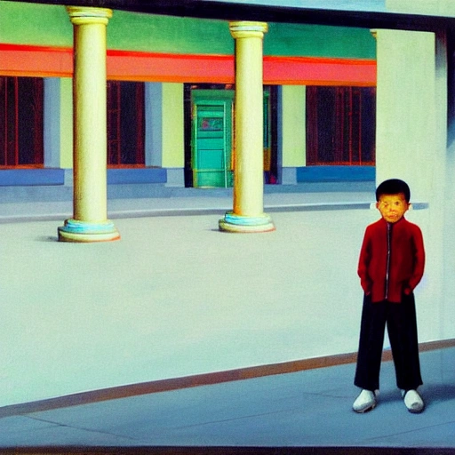 Cute boy waiting for bus in China 8 years old short hair, 7 0 seconds, Stanley Kubrick shiny, american gothic, bright colors Chinese, film, volumetric lighting, super wide angle view, realistic and detailed painting in Edward Hopper and Rene Magritte style