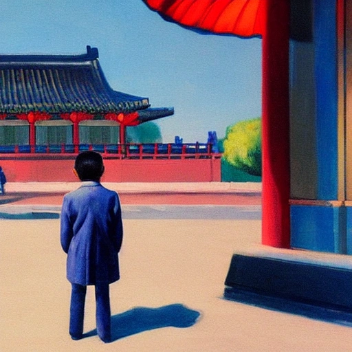 Cute boy waiting for bus in China 8 years old short hair, 7 0 seconds, Stanley Kubrick shiny, american gothic, bright colors Chinese, film, volumetric lighting, super wide angle view, realistic and detailed painting in Edward Hopper and Rene Magritte style