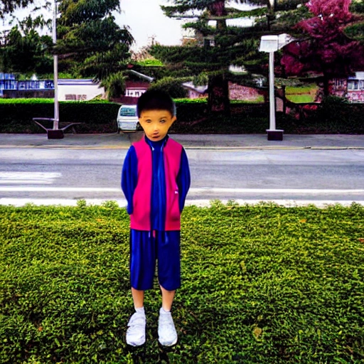 Chinese 8 year old short hair cute boy in tracksuit waiting for bus platform waiting for bus platform, carrying backpack, trees and garden around station, 7 0 seconds, Stanley Kubrick shiny, American Gothic, vivid colors Chinese, film, volumetric lighting, ultra wide angle view, realistic and detailed painting in Edward Hopper and Rene Magritte style