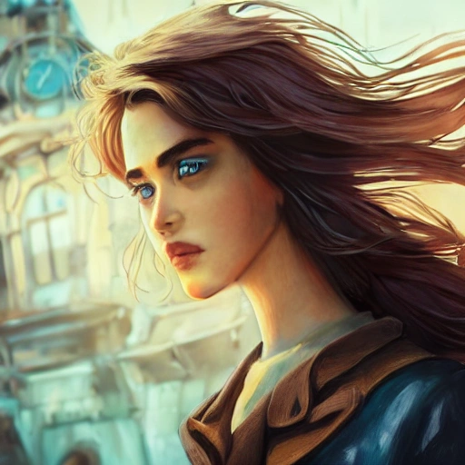 detailed, close up portrait of girl standing in a steampunk city with the wind blowing in her hair, cinematic warm color palette, spotlight, perfect symmetrical face, Water Color