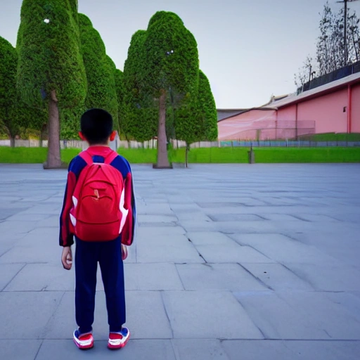 Chinese 8 year old short hair cute boy in tracksuit waiting for bus platform waiting for bus platform, carrying backpack, trees and garden around station, 7 0 seconds, Stanley Kubrick shiny, American Gothic, vivid colors Chinese, film, volumetric lighting, ultra wide angle view, realistic and detailed painting in Edward Hopper and Rene Magritte style