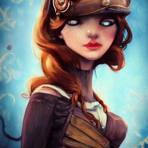 detailed, close up portrait of girl standing in a steampunk city with the wind blowing in her hair, cinematic warm color palette, spotlight, perfect symmetrical face, Water Color, 3D