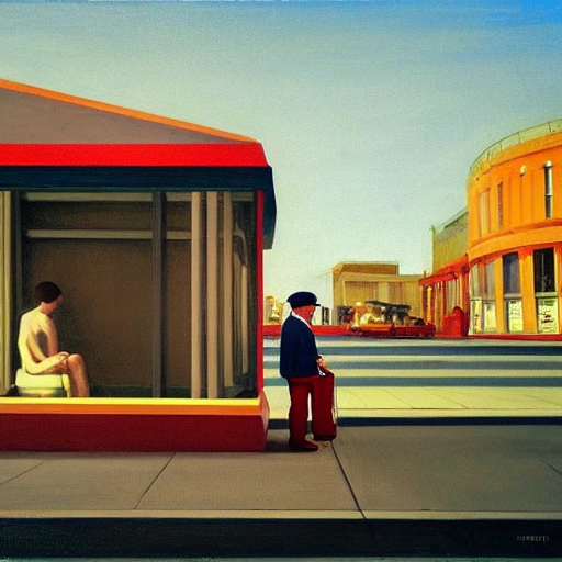 Cute boy waiting at bus stop, 7 0 seconds, Stanley Kubrick shiny, American Gothic, bright colors American, film, volumetric lighting, ultra wide angle view, realistic and detailed painting in Edward Hopper and Rene Magritte style