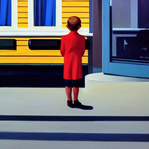 Cute boy waiting at bus stop, 7 0 seconds, Stanley Kubrick shiny, American Gothic, bright colors American, film, volumetric lighting, ultra wide angle view, realistic and detailed painting in Edward Hopper and Rene Magritte style