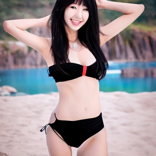 georgeous korean lady, bikini, long black hair, full body, portrait, real photo, smile face, 3d image, full color, 
