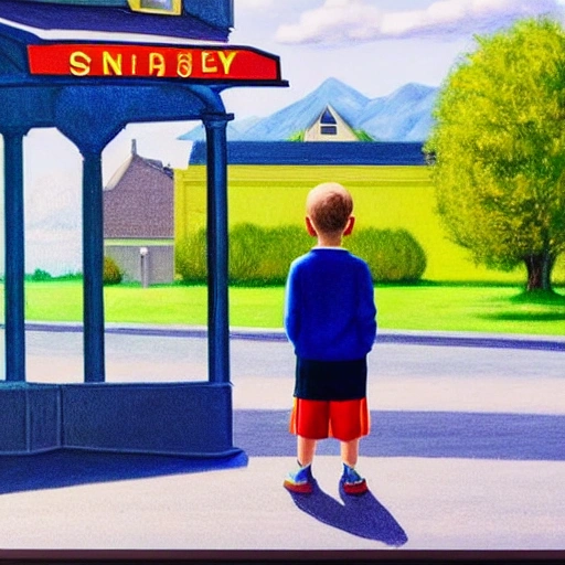 Draw a small town bus stop, cute, 8 year old short hair little boy in tracksuit, waiting at bus stop, 7 0 seconds, Stanley Kubrick shiny, American Gothic, bright colors American, film, volumetric lighting, ultra wide angle view, realistic and detailed painting in Edward Hopper and Rene Magritte style