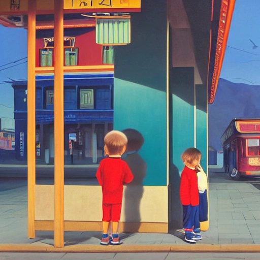 Painting a Chinese town bus stop, cute, 8 year old short hair little boy in tracksuit, waiting at bus stop, 7 0 seconds, Stanley Kubrick shiny, American Gothic, bright colors American, film, volumetric lighting, ultra wide angle view, realistic and detailed painting in Edward Hopper and Rene Magritte style