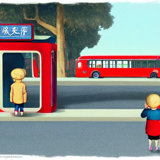 Draw a Chinese city bus stop, a cute, 8 year old short haired, tracksuit, carrying a school bag, big eyes little boy, waiting at the bus stop, 7 0 seconds, Stanley Kubrick shiny, Chinese Gothic, bright colors Chinese, film, volumetric lighting, ultra wide angle view, realistic and detailed painting in Edward Hopper and Rene Magritte style