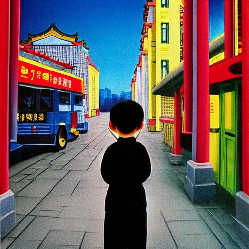 Painting a Chinese city bus stop, a cute, 8 year old short black hair, wearing tracksuits, carrying a school bag, big eyes little boy, waiting at the bus stop, 7 0 seconds, Stanley Kubrick shiny, Chinese Gothic, bright colors Chinese, film, volumetric lighting, ultra-wide angle view, realistic and detailed painting in Edward Hopper and Rene Magritte style