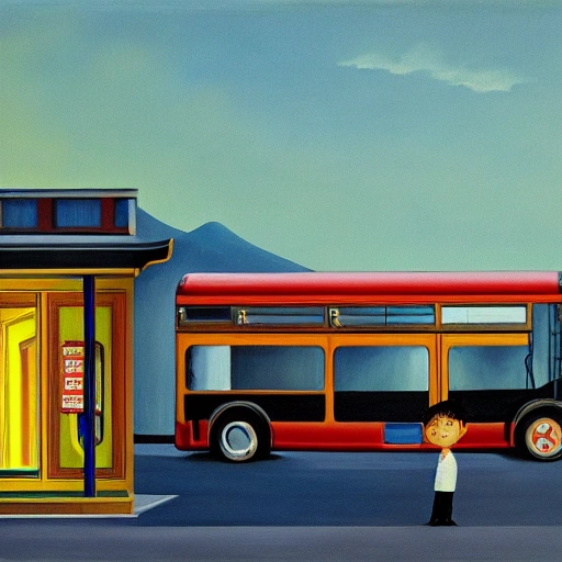 Painting a Chinese city bus stop, a cute, 8 year old short black hair, wearing yellow tracksuit, carrying a school bag, big eyes little boy, waiting at the bus stop, 7 0 seconds, Stanley Kubrick shiny, Chinese Gothic, bright colors Chinese, film, volumetric lighting, ultra wide angle view, realistic and detailed painting in Edward Hopper and Rene Magritte style