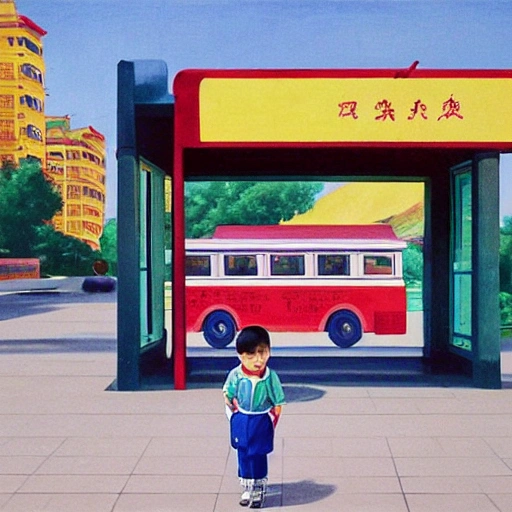 Painting a Chinese city bus stop, a cute, 8 year old short black hair, wearing tracksuits, carrying a school bag, big eyes little boy, waiting at the bus stop, 7 0 seconds, Stanley Kubrick shiny, Chinese Gothic, bright colors Chinese, film, volumetric lighting, ultra-wide angle view, realistic and detailed painting in Edward Hopper and Rene Magritte style