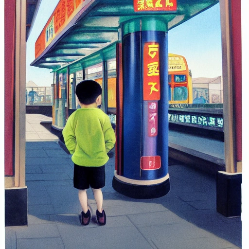 Painting a Chinese city bus stop, a cute, 8 year old short black hair, wearing tracksuits, carrying a school bag, big eyes little boy, waiting at the bus stop, 7 0 seconds, Stanley Kubrick shiny, Chinese Gothic, bright colors Chinese, film, volumetric lighting, ultra-wide angle view, realistic and detailed painting in Edward Hopper and Rene Magritte style