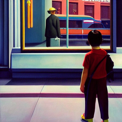 Painting a Chinese city bus stop, a cute, 8 year old short black hair, wearing tracksuits, carrying a school bag, big eyes little boy, waiting at the bus stop, 7 0 seconds, Stanley Kubrick shiny, Chinese Gothic, bright colors Chinese, film, volumetric lighting, ultra-wide angle view, realistic and detailed painting in Edward Hopper and Rene Magritte style