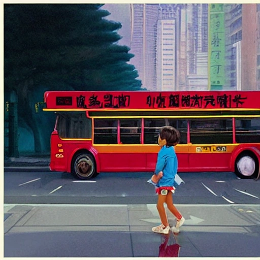 Painting a Chinese city bus stop, a bus coming, a cute, 8 year old short black hair, wearing a tracksuit, carrying a school bag, big eyes little boy, running on the bus, 7 0 seconds, Stanley Kubrick shining, Chinese Gothic, bright color Chinese, film, volumetric lighting, ultra-wide angle view, realistic and detailed painting in Edward Hopper and Rene Magritte style